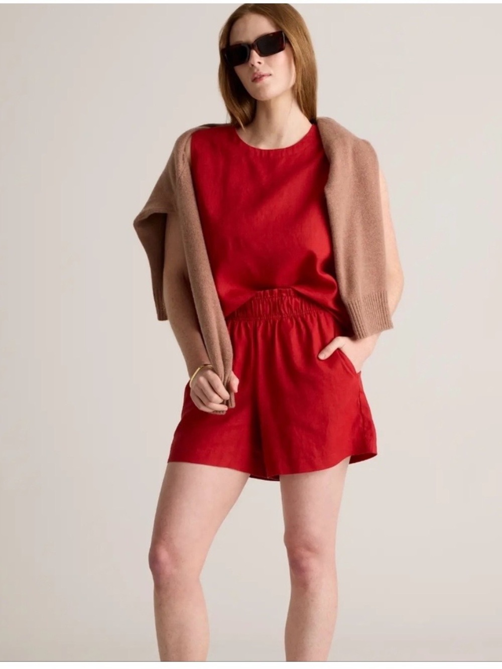 Quince 100% European Linen Women’s Red High Waisted Shorts Pockets Size S Luxury